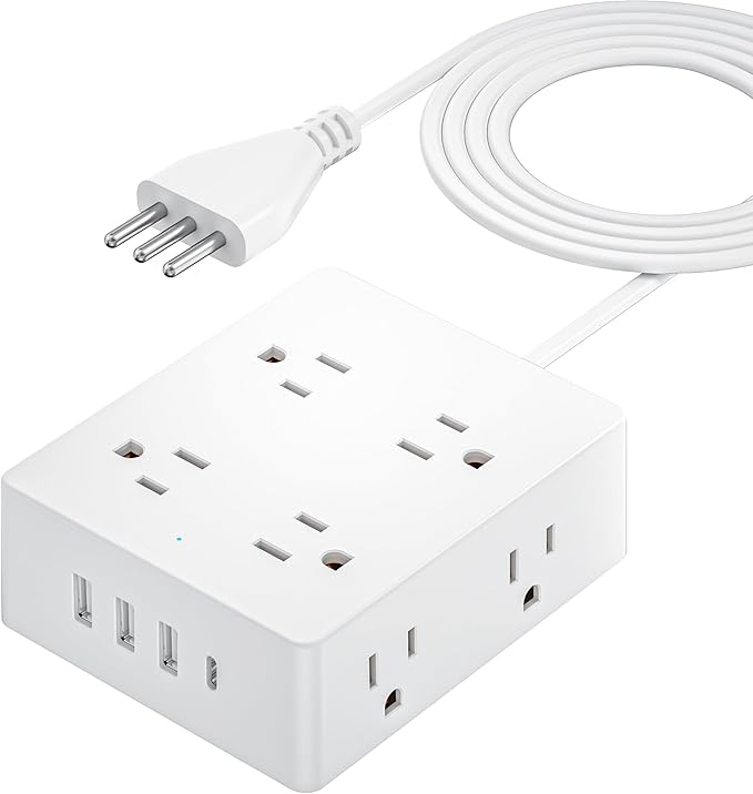 Italy Travel Plug Adapter, Olcorife US to Italy Type L Plug Adapter, International Power Strip with 8 Outlets and 4 USB(1 USB-C), 5 FT Cord for Italy Chile Ethiopia Libya