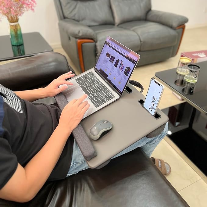 Lap Desk Home Office Lap Desk Portable Laptop Desk for Left Right - Handers with Whole Mouse Pad Wrist Pad Dual Cushion Phone Tablet Slots Fits Up to 17 Inch Laptops