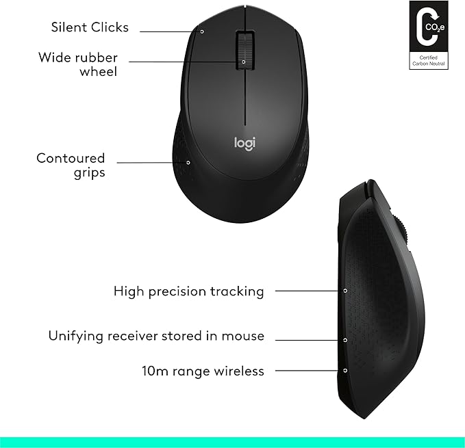 Logitech M330 SILENT Wireless Mouse, 2.4GHz with USB Receiver, Optical Tracking, Quiet & Lightweight, Long Battery Life, for PC, Mac, Laptop, Chromebook - Black