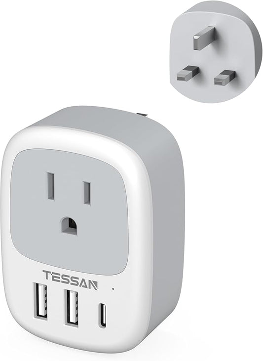 UK Adapters for Travel, TESSAN US to UK Plug Adapter, Ireland Outlet Plug with 3 USB Charger (1 USB C Port), Type G Power Adaptor for USA to England Qatar Hong Kong Scotland Dubai London Kenya Irish