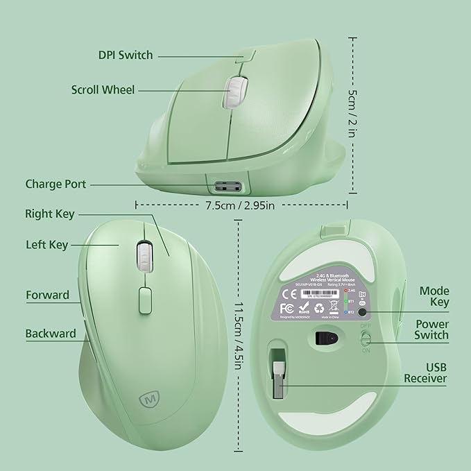 Micropack Ergonomic Vertical Wireless Bluetooth Mouse for Laptop MacBook PC Rechargeable Silent Click 3-Mode Multi-Device 2.4G Adjustable DPI Compatible with Windows Android iOS MacOS Green