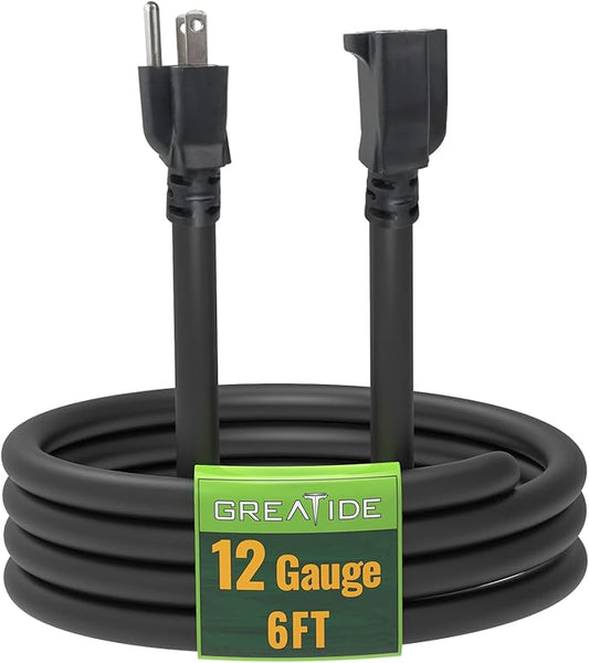 6 Ft Outdoor Extension Cord - 12/3 SJTW Heavy Duty Black Extension Cable with 3 Prong Grounded Plug - Power Cord for Lawn, Garden, Appliances
