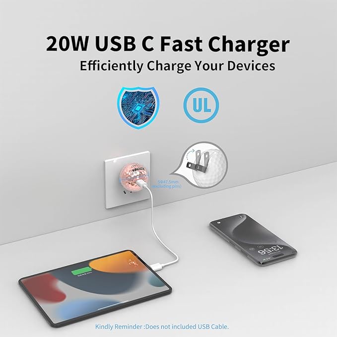 USB C Charger Block 20W，Creative Golf Ball Type C Wall Charger，GaN III Power Adapter with UL Certified，Fast Charging for iPhone 16/15 Series, Galaxy, Google Pixel,iPad,AirPods