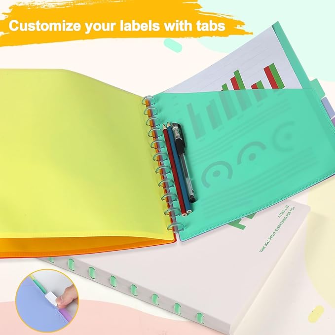 8 Pcs Discbound Pocket Dividers 8.5 x 11 Dividers with Tabs and Pockets Discbound 8 Tab Pocket Folders Letter Size Binder Divider Plastic Disc Planner Supplies for Business School Office(Colorful)