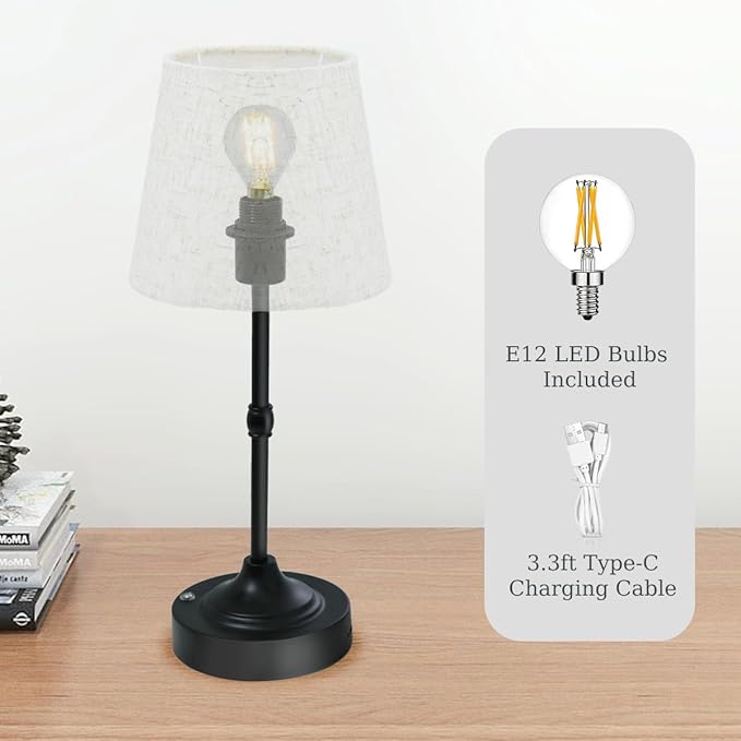 Cordless Lamp, Rechargeable Battery-Operated Lamp with Fabric Lampshades, 2 Pack Dimmable Desk Lamps for Kitchen, Bedroom, Living Room, Nightstand, Balcony, Home Décor (Black)