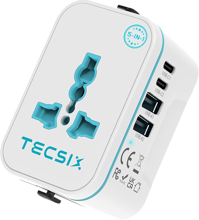 Universal Travel Adapter Worldwide, TECSIX European Travel Plug Adapter with 2 USB C, 2 USB A and Multi AC Outlets, International Power Adaptor for EU US UK AUS 200+ Countries Type A C G I