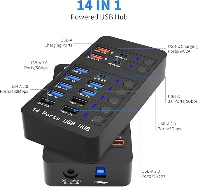 Powered USB Hub, 14 Ports USB Splitter with Individual Power On/Off Switches, 60W Power Adapter for Mac, PC, and More