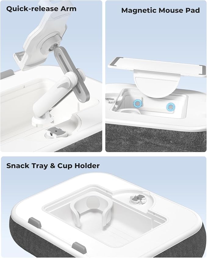 Viozon Kindle Pillow Stand Holder, Phone Holder for Bed, Laptop Lap Desk with Mouse Pad,Compatible with 4.7-13" Kindle/Tablet/Phone,10-15" Laptop, Snack Bowl&Cup Attachment&Detachable 360°Stand Arm