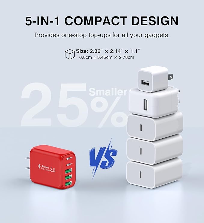 50W USB C Wall Charger, 2Pack 5-Port C Charger Fast Charging Block PD Power Adapter +QC 3.0 Multiport Type C Box Brick Cube USB A Wall Plug for iPhone 14/15/16/17 Pro Max, iPad,Samsung Galaxy(Red)