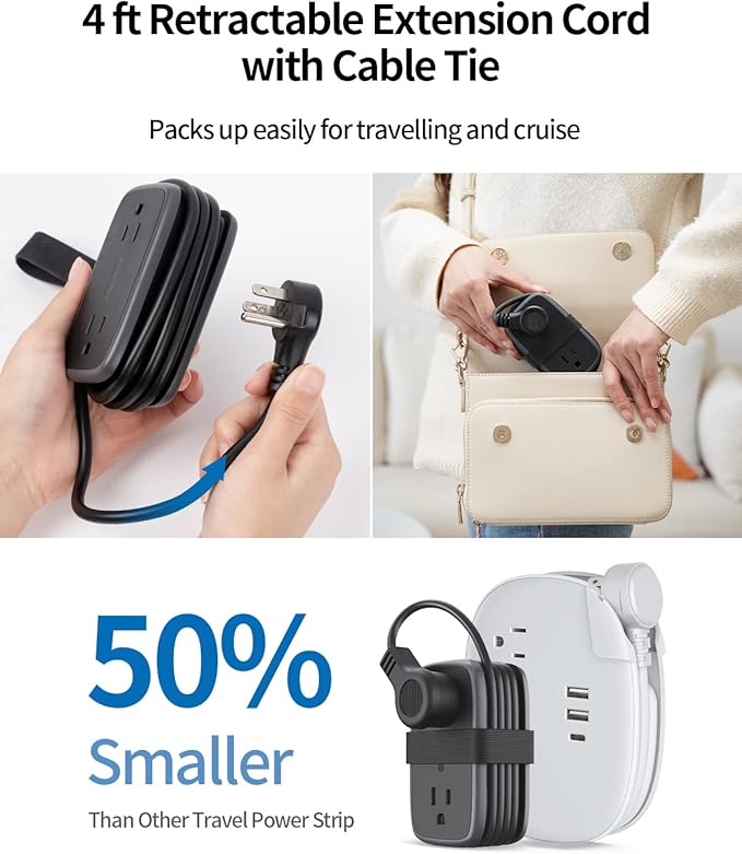 2 Pack Travel Power Strip with USB C Port, NTONPOWER Flat Plug Extension Cord with 4 Outlets 3 USB (1 USB C) for Cruise Ship, 4ft Wrapped Short Extension Cord for Home Hotel Travel Essentials