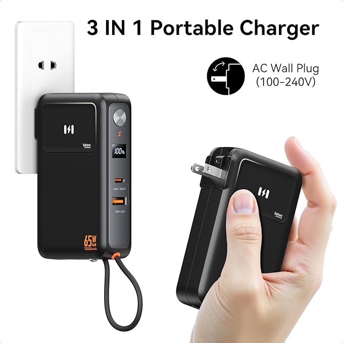 Fast Charging Portable Charger Power Bank 10,000mAh PD35W USB-C Battery Pack with 65W GaN Wall Charger, Built in USB C Cable for iPhone 16/1514/13 Series, Laptop, Samsung, Pixel, MacBook, Dell