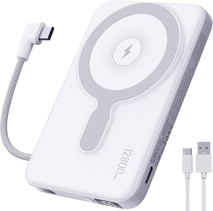 2025 Updated M3 Ultra Slim 0.4'' Wireless Power Bank, 12800mAh Magnetic Portable Charger with Built in Cable and Strap, LED Battery Pack Travel Essentials for iPhone 16/15/14/13/12/Pro/Pro Max Andriod