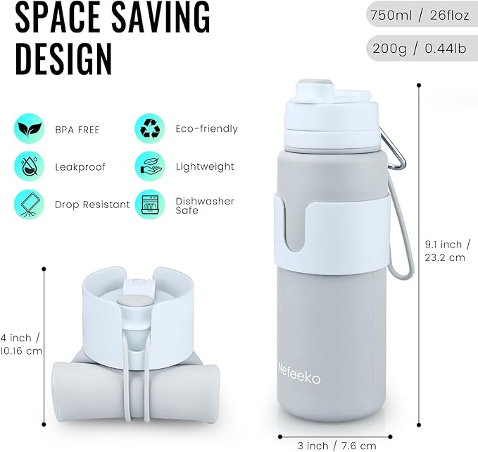 Nefeeko Collapsible Water Bottle, BPA Free 26oz Foldable Water Bottle for Travel Sports, Leak-Proof Spill-Proof Portable Water Bottles with Carabiner, Lightweight