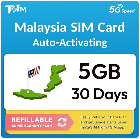 Malaysia SIM Card | 5GB Super Economy Refillable Plan! Auto Activating 30 Day Validity | Hotspot Allowed | Data-Only No Phone Number