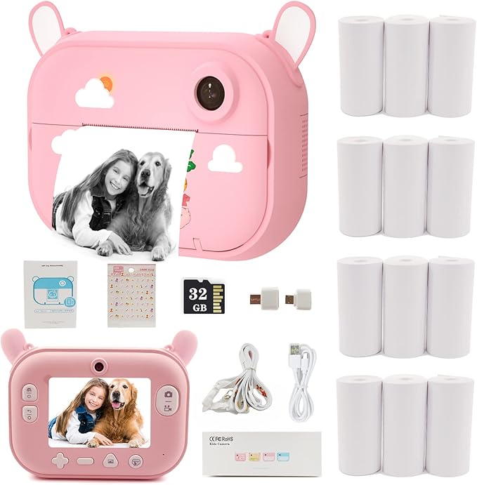 Kids Camera Instant Print Camera with 12 Rolls Refill Print Paper, Christmas Birthday Gifts for Girls Toy Pink Camera Digital Video Selfie Print That Photos Camera with 32GB TF Card