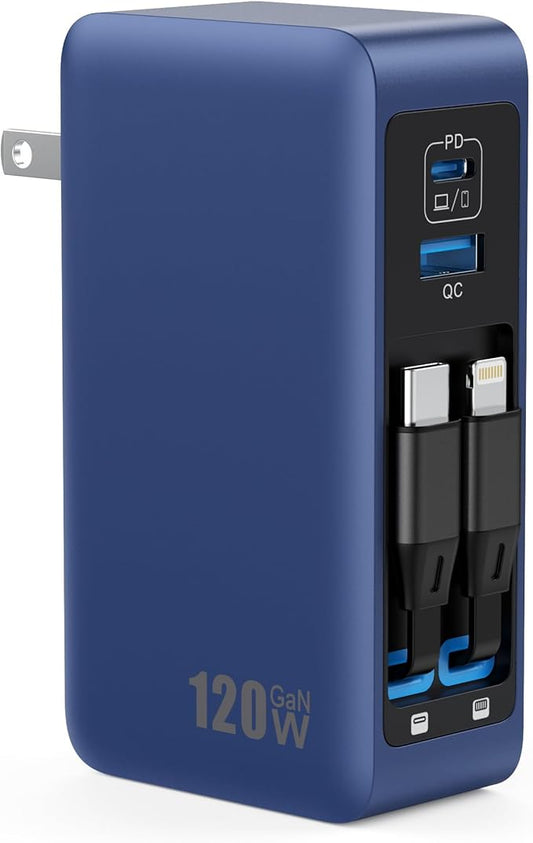 120W USB C Charger Block with 2 Built-in Retractable Cables,4-in-1 GaN IV Foldable Plug Wall Charger Fast Charging Station,PD 65W Laptop Adapter for MacBook/iPad,iPhone 16/15/14,Android (Dark Blue)