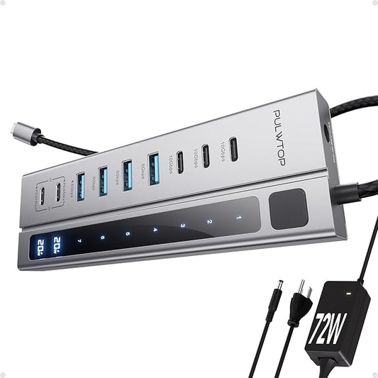 Powered USB C Hub, PULWTOP 9-in-1 USB Hub Support 10Gbps Data&PD 45W Max Charging, USB HUB Adapter for MacBook, iMac, iPad, Phone, and Other Laptops (Not Support Video and Power Adapter Not Included)