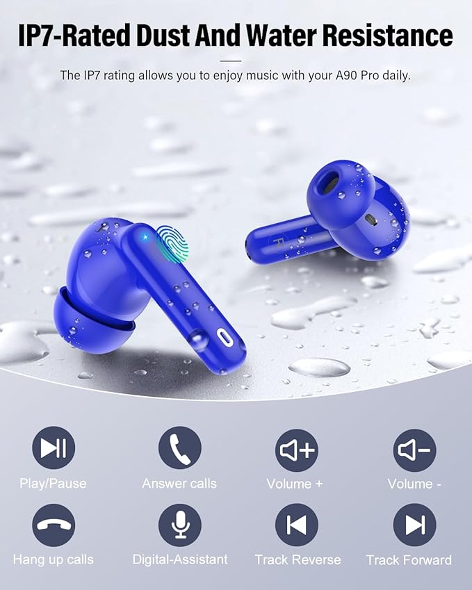 Wireless Earbuds, Bluetooth 5.4 Headphones Bass Stereo, Ear Buds with Noise Cancelling Mic, LED Display in Ear Earphones Clear Calls, IP7 Waterproof Bluetooth Earbuds for Laptop/Phones/Sports, Blue