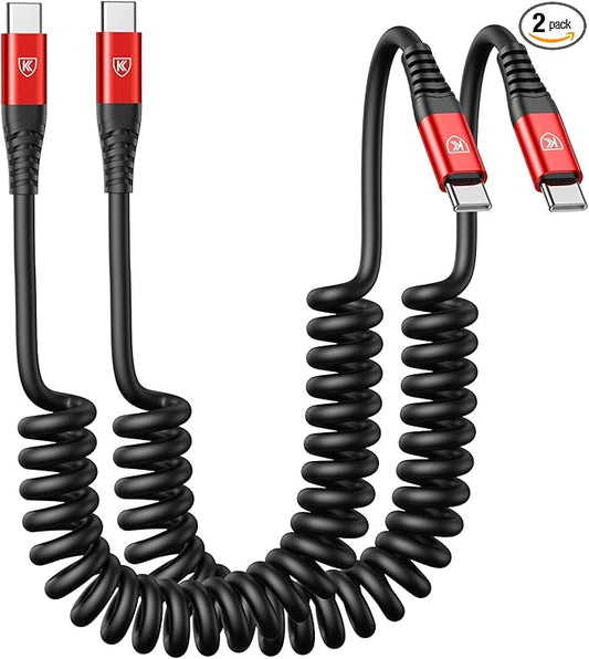 KIYODA USB C to USB C Cable 6ft, 2Pack Coiled USBC Charger Cable for Car, Type C Fast Charging Compatible with iPhone 17/16/15/Plus/Pro/Pro Max/MacBook Pro 2020/iPad Pro 2020/Samsung Galaxy S23-Red