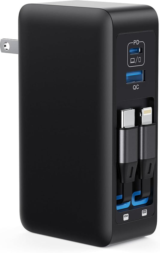 120W USB C Charger Block with 2 Built-in Retractable Cables,4-in-1 GaN IV Foldable Plug Wall Charger Fast Charging Station,PD 65W Laptop Adapter for MacBook/iPad,iPhone 16/15/14,Android (Black)