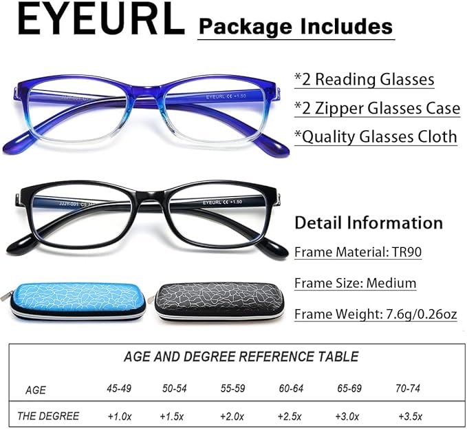 EYEURL 2 Pack Reading Glasses Blue Light Blocking Readers for Women-TR90 Lightweight Computer Reading Glasses Stylish Rectangular Frames Eyeglasses+1.75