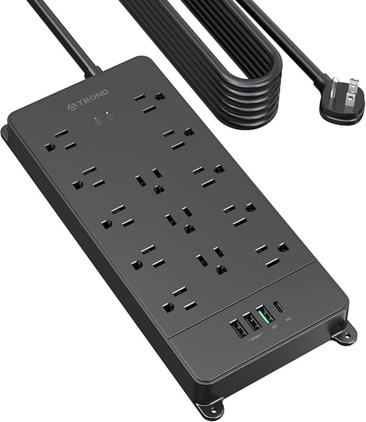 TROND Surge Protector Power Strip 15 ft, Flat Plug Extension Cord with 32W USB C & QC 3.0 Charger, 4000 Joules, ETL Listed, 13 Wide Spaced Outlets, Heavy Duty, Wall Mount for Home Office, Black