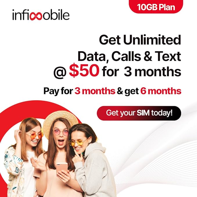 $12.6/Month | Infimobile Prepaid Unlimited Plan: 6 Months | 10GB High-Speed Data Per Month | Unlimited Data Talk & Text | Prepaid Plan Service SIM Card | Nationwide Coverage | 4G, 5G Network