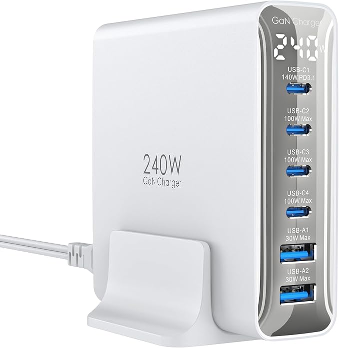 240W USB C Charger 6-Port, PD3.1 GaN Charger with LED Display Desktop Fast Charging Station for MacBook Pro/Air - iPhone Pro - iPad Pro - Dell XPS - Galaxy - Pixel - Laptops and More, White