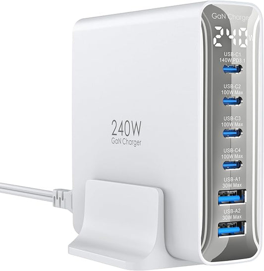 240W USB C Charger 6-Port, PD3.1 GaN Charger with LED Display Desktop Fast Charging Station for MacBook Pro/Air - iPhone Pro - iPad Pro - Dell XPS - Galaxy - Pixel - Laptops and More, White