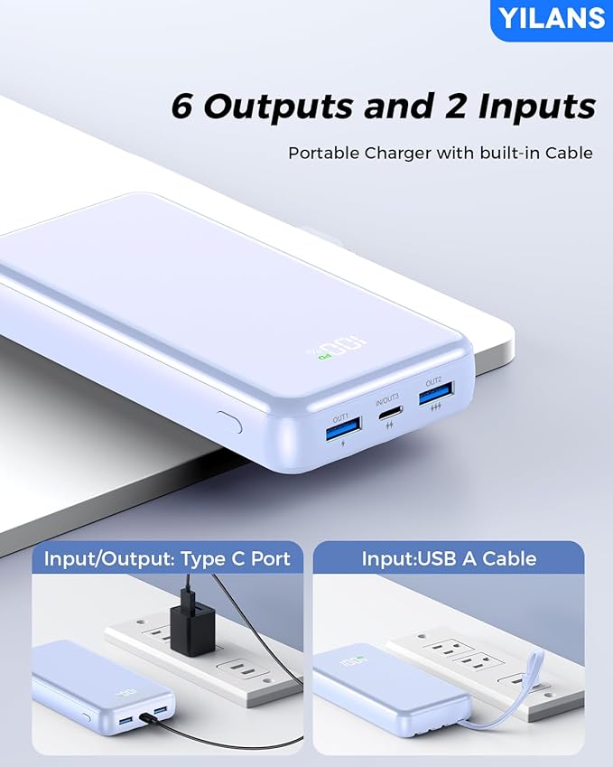 Portable Charger, 42800mAh Power Bank Built-in Cable, 22.5W PD USB C in & Out Fast Charging, External Battery Pack with 6 Output & 2 Input, Travel Phone Charger for iPhone 16/15/14/13/12(Blue)