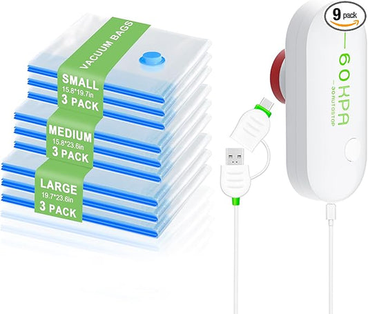 Mapambo Travel Game Changer- 9-Pack Travel Vacuum Bags with Smart-Stop Technology Pump, ≤60dB Silent Travel Essential, Travel Vacuum Bags for Luggage, Cruise Essentials