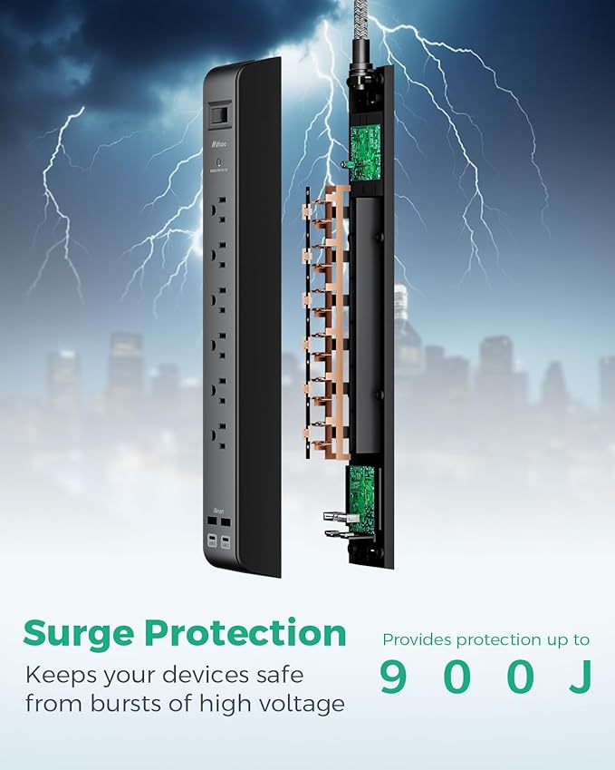 12FT Long Power Strip Surge Protector - with 6 Outlets 4 USB Ports, Heavy-Duty Braided Extension Cord, Flat Plug, 900 Joules, 15A Circuit Breaker, Wall Mount for Home Office (2 Pack)