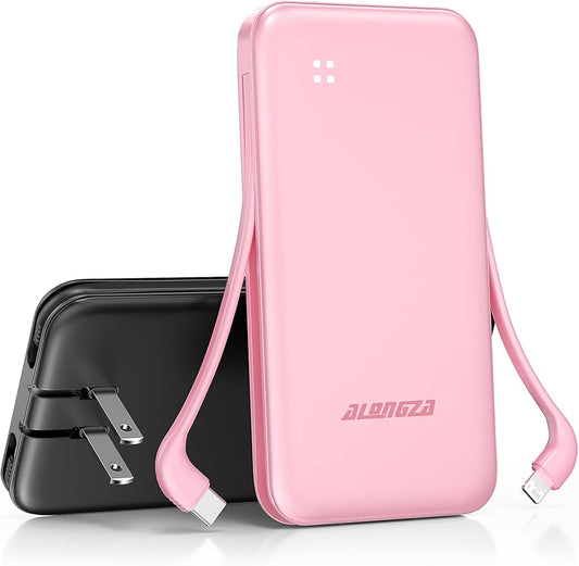 Alongza Portable Charger Built-in Cables and AC Wall Plug, Slim Fast Charging Power Bank 10000mAh, Lightweight USB C External Battery Pack Compact Travel Cell Phone Charger, 2 Pack Black & Pink