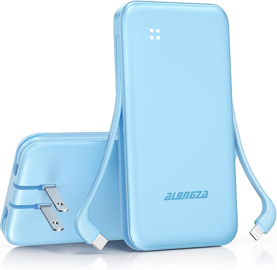 Alongza Portable Charger Built-in Cables and AC Wall Plug, Slim Fast Charging Power Bank 10000mAh, Lightweight USB C External Battery Pack Compact Travel Cell Phone Charger