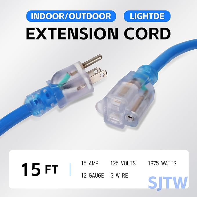 EP 15 Ft Outdoor Extension Cord, 12/3 SJTW Heavy Duty Waterproof Power Cable, 3 Prong Grounded Plug, Lighted End, for Lawn, Garden, Appliances, Blue