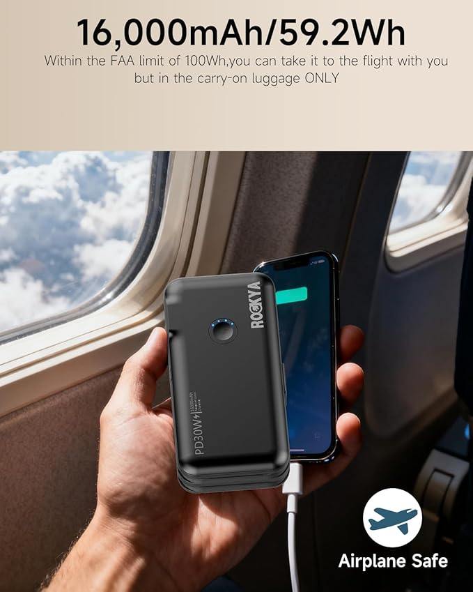 Portable Charger with AC Wall Plug and Built in Cables,PD 30W Fast Charging USB C Power Bank 16000mAh with 4 outputs,Travel Battery Pack Compatible with iPhone 16 15,MacBook,Pad,Samsung (Black)