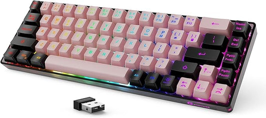 65% Wireless Gaming Keyboard, LED Backlit Gaming Keyboard, 68 Keys Ultra-Compact Anti-ghosting No-Conflict Wireless Keyboard for PC Laptop Windows Gamer(Pink-Black)