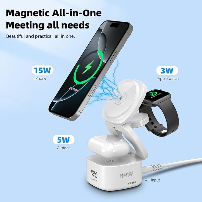 OneCharge Station, 5 in 1 Foldable Wireless Charging Station（PD Fast）,Travel Charger for iPhone Apple Watch AirPods Laptop