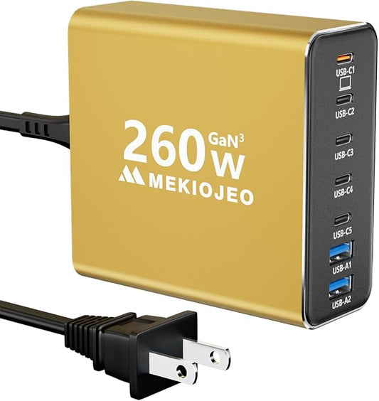 Aluminum Alloy USB C Charger 260W GaN Fast USB C Charging Station 7 Ports 65W Laptop Charger for MacBook Pro/Air/iPad Pro/iPhone (Gold)