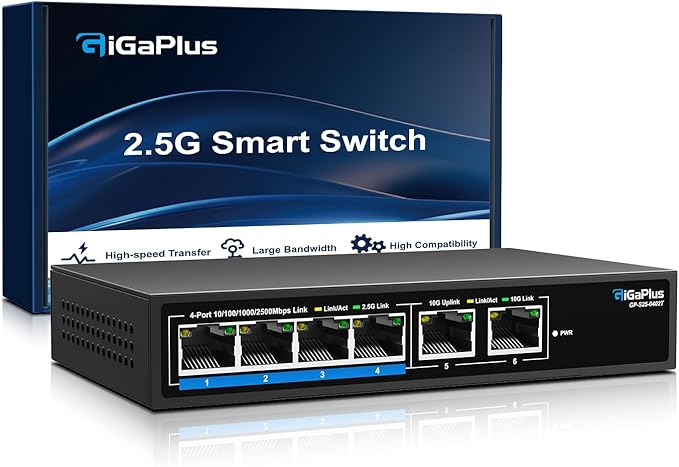 6 Ports 10Gb Unmanaged Ethernet Switch with 4*2.5G Base-T Ports, 2*10G RJ45 Ports. 60Gbps Switching Capacity, GiGaPlus 10Gbps Network Switch for 2.5G/10Gbps NAS/PC, WiFi6 Router, Wireless AP