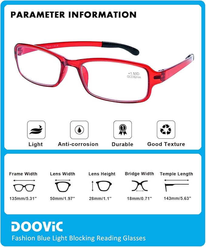 DOOViC 2 Pack Reading Glasses for Women Men TR90 Flexible Lightweight Anti Eyestrain Blue Light Blocking Computer Readers
