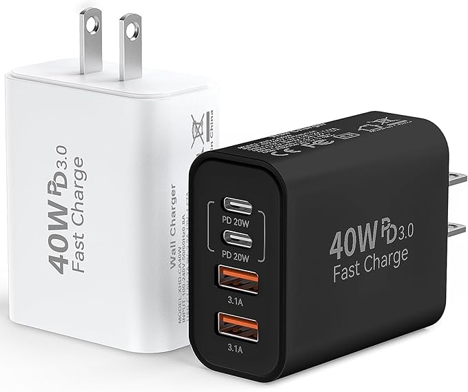 USB C Wall Fast Charger Block, 40W 4-Port Type C Chargers Fast Charging Blocks PD Power Charger Adapter+QC 3.0 USB Multiport Charger Brick for Phone 17/16/15/14/13/12 Pro Max, i-Pad, Galaxy S25-2Pack