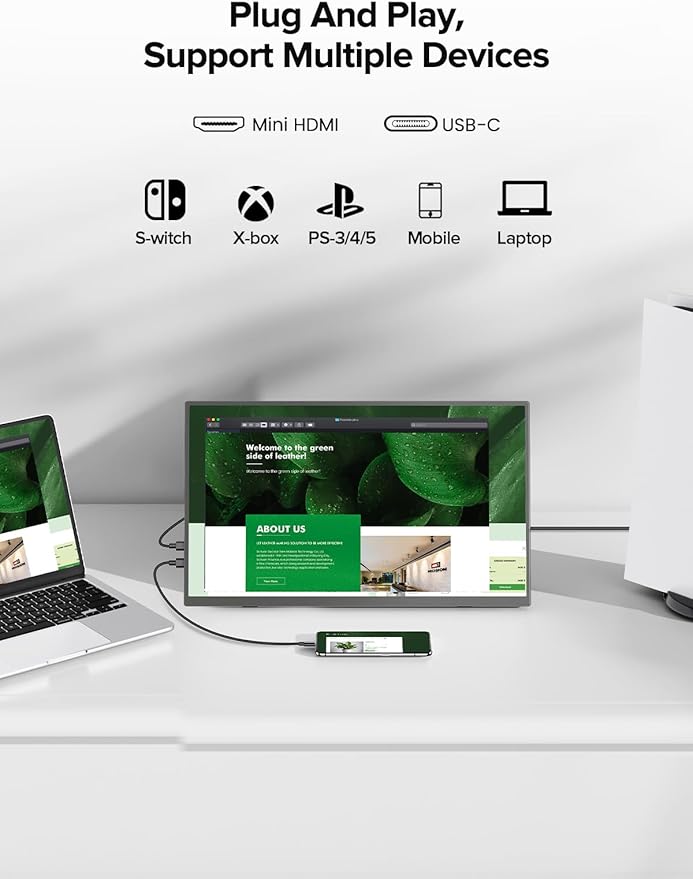 Newsoul Portable Monitor 15.6 Inch, 125% sRGB Laptop Monitor Built-in 0~180°Adjustment Stand | Speaker | VESA, HDMI USB-C Plug&Play, Ultra-Thin Second Extender Screen for Phone Game Console