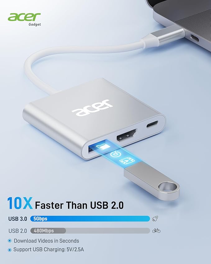 Acer USB C to HDMI Adapter, 4K USB C Hub with 100W PD, USBA 3.0 Port, HDMI to USBC Multiport Digital AV Converter for MacBook Pro/Air, iPad, Tablets, Switch, TV, Monitor and More (Silver)