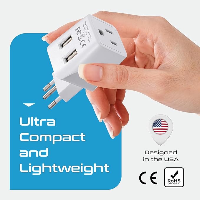 Ceptics Brazil Travel Adapter Plug With Dual USB - USA Input - Type N - Ultra Compact - Perfect for Cell Phones, Laptop, Camera Chargers, iWatch and More (CTU-11C)