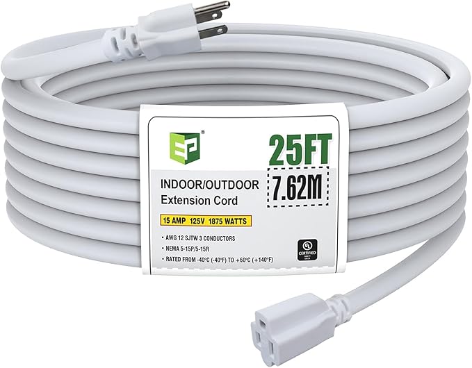 EP 25 Ft Outdoor Extension Cord, 12/3 SJTW Heavy Duty Extension Cable with 3 Prong Grounded Plug, 15 AMP Power Cord for Lawn, Garden, Appliances, White