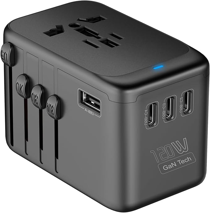 JMFONE Universal Travel Adapter with GaN 120W,International Power Adapter with 4 USB-C+1 USB-A Charging Ports, Worldwide Outlet for US to European Europe UK AUS