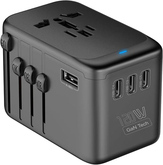 JMFONE Universal Travel Adapter with GaN 120W,International Power Adapter with 4 USB-C+1 USB-A Charging Ports, Worldwide Outlet for US to European Europe UK AUS