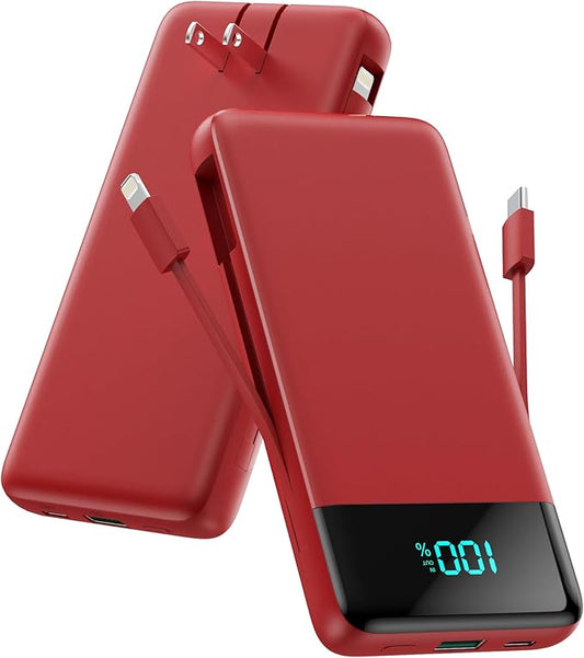 Portable Charger for iPhone with Built in Cables and Wall Plug,Upgraded 13800mAh Fast Charging USB C Power Bank,4 Outputs Travel Essential Battery Pack Compatible with iPhone 15/14/13/12,-Red