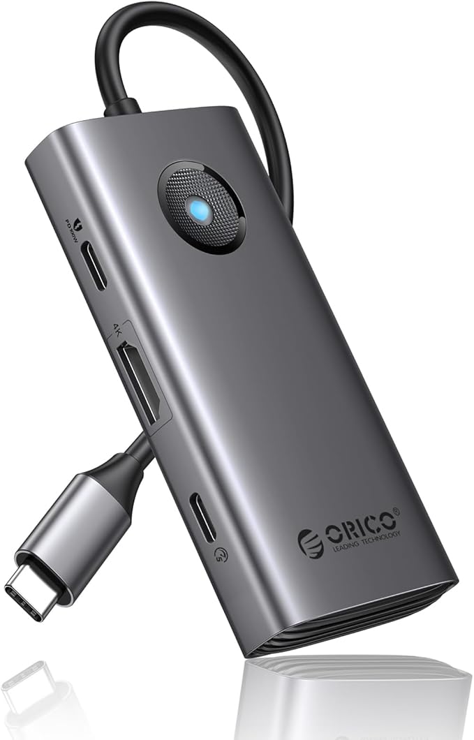 ORICO 6-in-1 USB C Docking Station with 4K HDMI, 3 USB-A 3.0 & 1 USB-C 3.0 Ports (5 Gbps), 100W PD Charging, Multiport Adapter for Windows, Mac